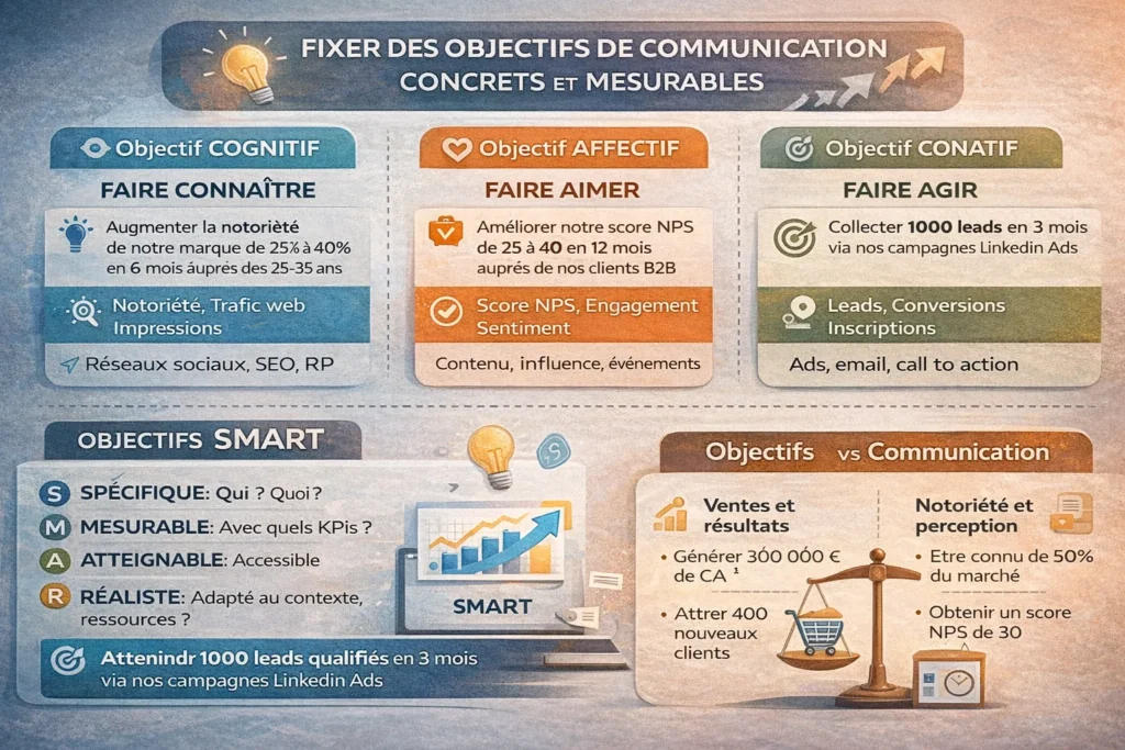 Infographie expliquant les objectifs de communication cognitifs, affectifs et conatifs, la méthode SMART et la différence entre objectifs marketing et communication.