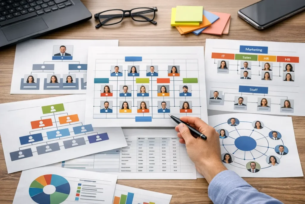 Illustration réaliste de différents types d’organigramme d’entreprise montrant la structure organisationnelle, les services, les rôles et les liens hiérarchiques entre collaborateurs.