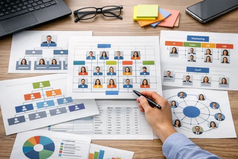 Illustration réaliste de différents types d’organigramme d’entreprise montrant la structure organisationnelle, les services, les rôles et les liens hiérarchiques entre collaborateurs.