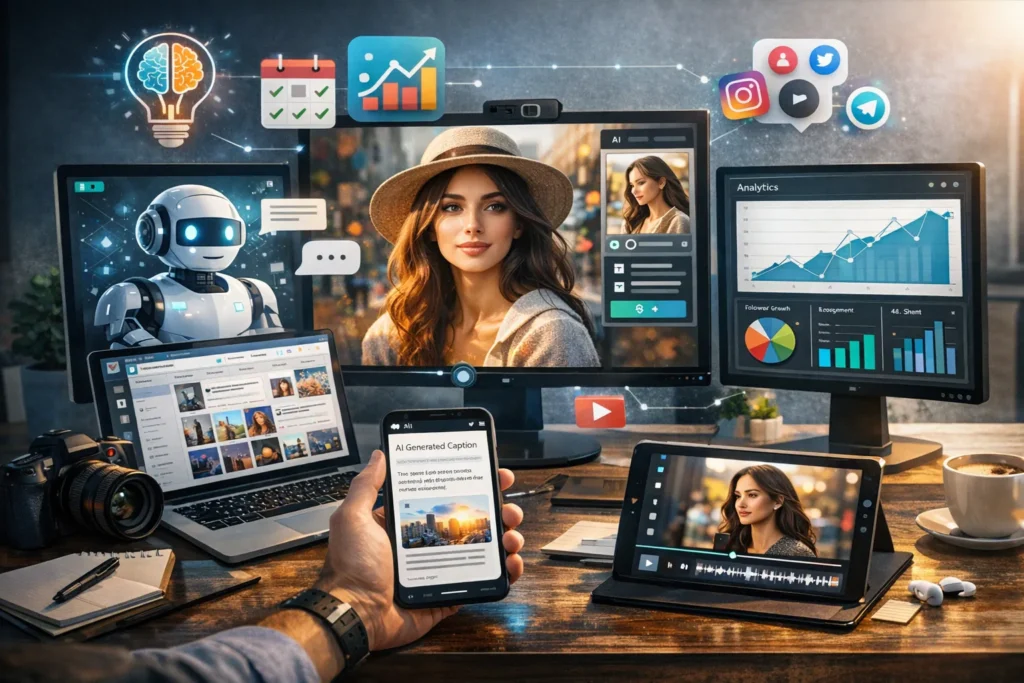 Community manager travaillant sur un bureau moderne avec des outils d’intelligence artificielle pour la création de contenu, la planification des réseaux sociaux et l’analyse des performances.