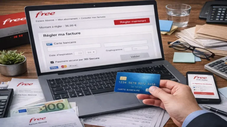 Paiement d’une facture Free en ligne depuis l’espace abonné Freebox ou Free Mobile, avec carte bancaire et interface de règlement sécurisé 3D Secure.