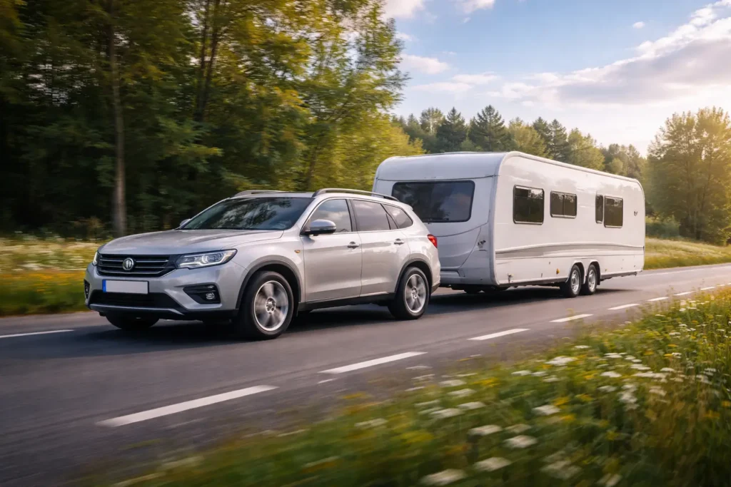 Voiture tractant une remorque caravane sur route de campagne, illustration réaliste des situations nécessitant le permis BE