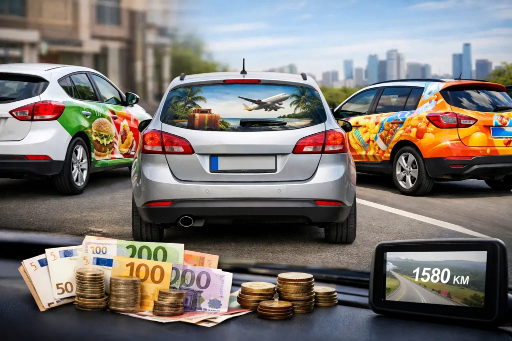 Voitures avec publicité adhésive circulant en ville, illustrant la publicité sur voiture rémunérée comme source de revenu complémentaire