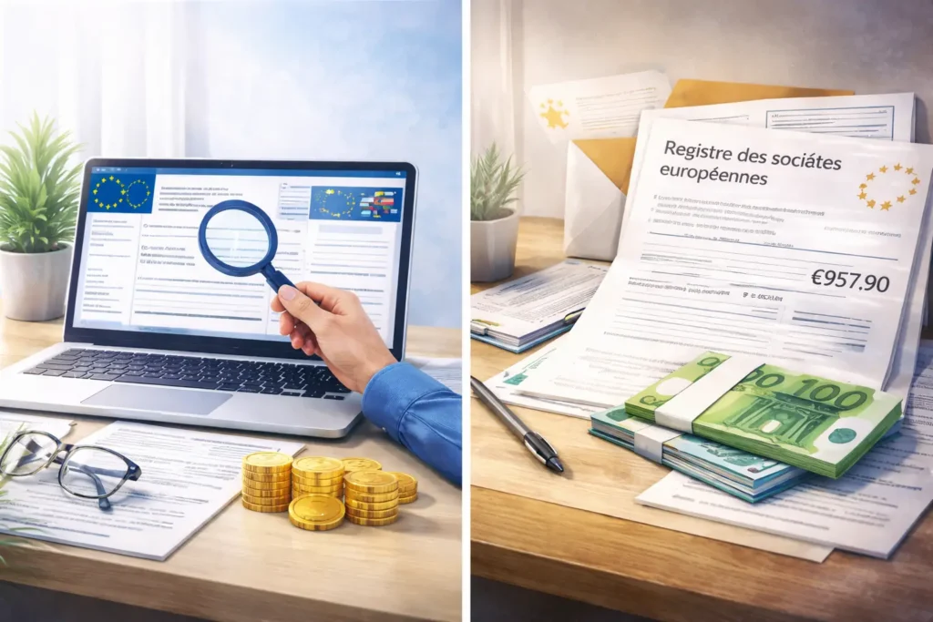 Illustration réaliste montrant la consultation d’un registre officiel d’entreprises européennes et la distinction avec des courriers commerciaux trompeurs