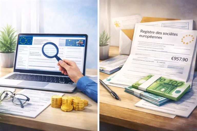 Illustration réaliste montrant la consultation d’un registre officiel d’entreprises européennes et la distinction avec des courriers commerciaux trompeurs