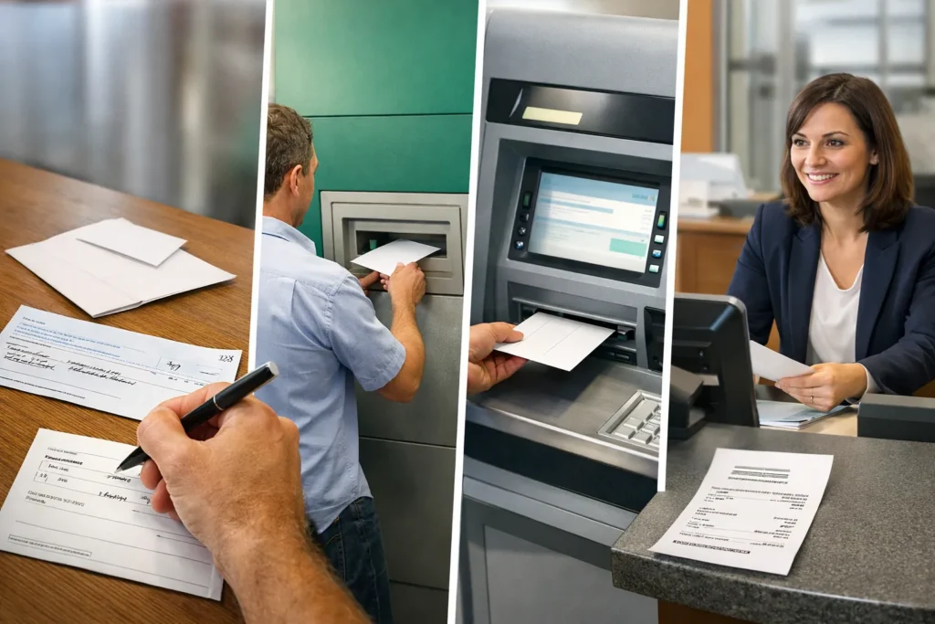 Client déposant un chèque au Crédit Agricole via un automate bancaire, avec bordereau de remise et enveloppe de dépôt en agence