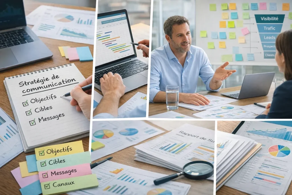 Équipe marketing élaborant une stratégie de communication avec objectifs, cibles, messages clés, planning et indicateurs de performance autour de tableaux et graphiques