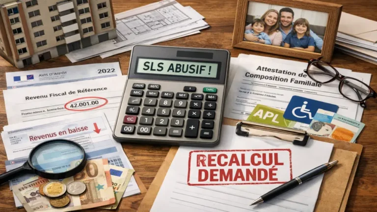 Documents administratifs et calcul du surloyer HLM montrant un supplément de loyer de solidarité potentiellement abusif, avec avis d’imposition, calculatrice et dossier de contestation.